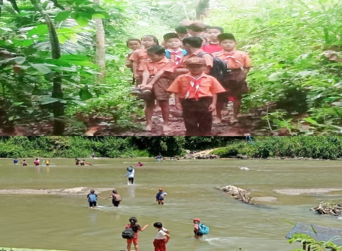 Miris, Anak Sekolah Bertaruh Nyawa Menyeberangi Sungai di Dusun Lubuk Sihim Madina