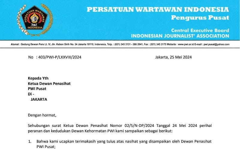 Polemik Internal PWI: Ketua Umum PWI Pusat Layangkan Surat Teguran kepada Dewan Kehormatan