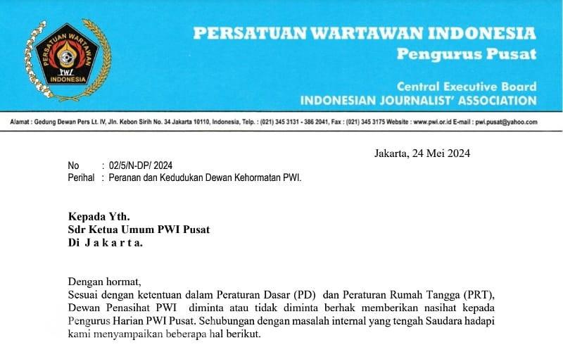 Dewan Penasehat PWI Pusat Kirim Surat Teguran kepada Ketua Umum PWI Pusat