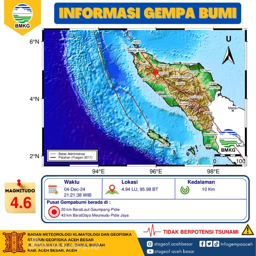 Gempa Tektonik 4.6 Magnitudo Guncang Pidie